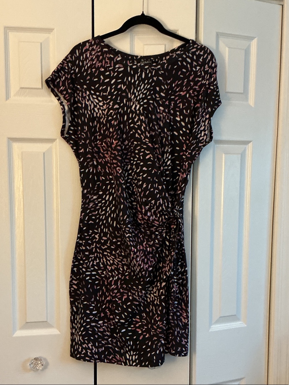 Black Printed Short-Sleeve Mini Dress with Pink and Cream Accents